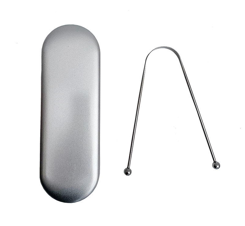 Limpiador de lengua en forma de U de acero inoxidable con estuche metálico para una higiene bucal completa y sostenible.