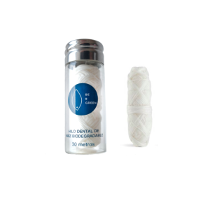Kit de hilo dental de maíz con envase de vidrio reutilizable y 30 metros para una higiene bucal sostenible.