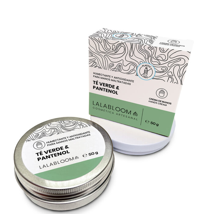 Crema de manos con té verde y pantenol humectante y antioxidante para manos maltratadas