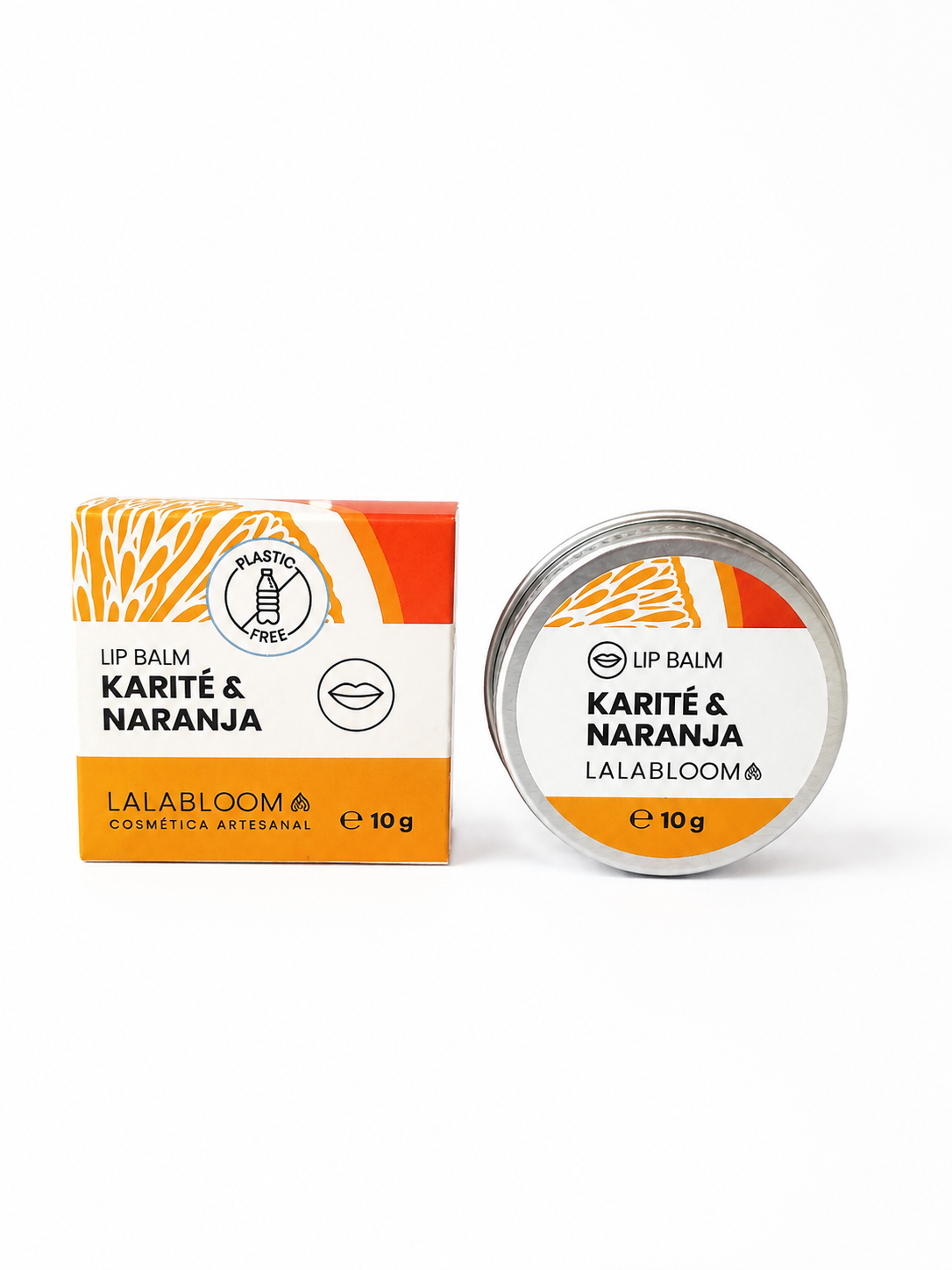 Bálsamo labial natural Karité & Naranja con manteca de karité, aceite de oliva y vitamina E para hidratar y proteger los labios.