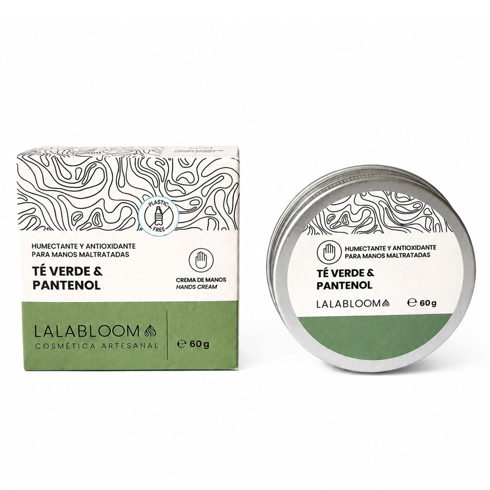 Crema de manos con té verde y pantenol para hidratar, suavizar y proteger la piel de las manos.