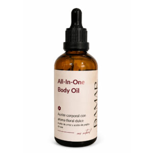 Aceite corporal All In One con aroma floral dulce para hidratar, suavizar y perfumar la piel.