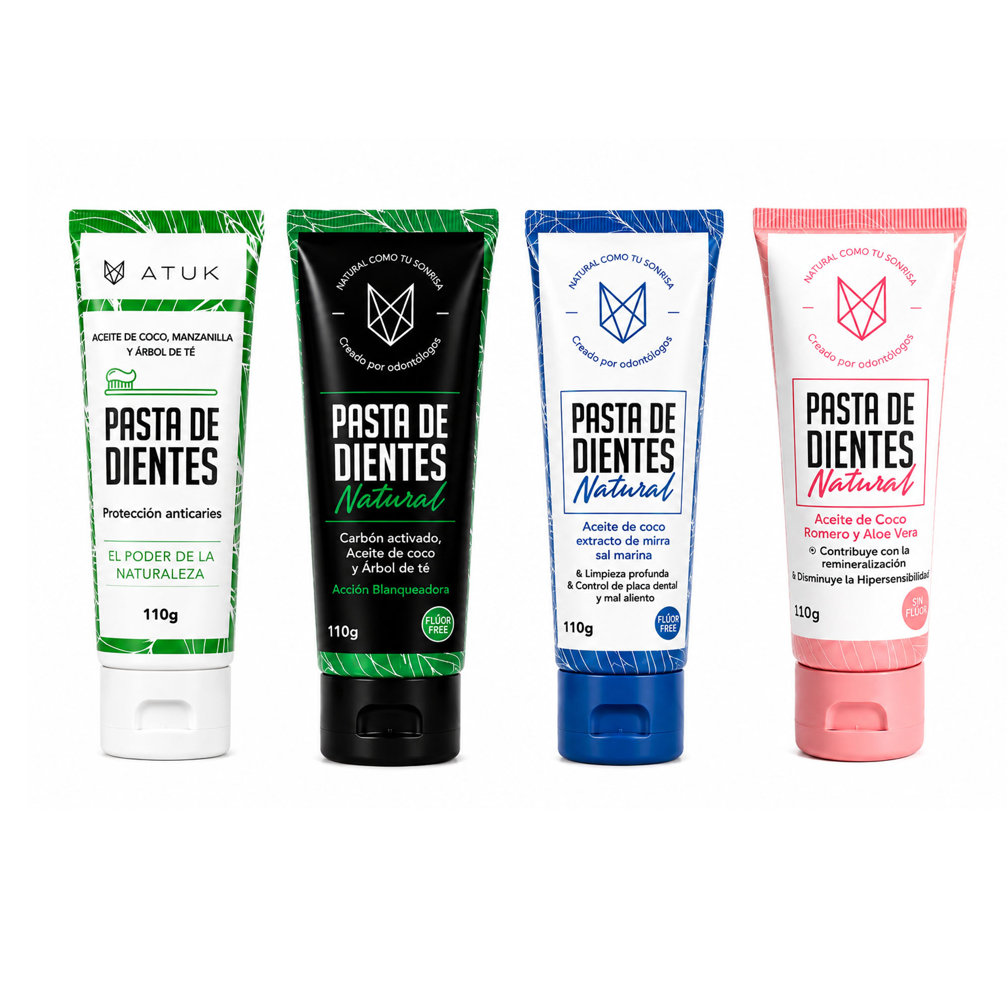 Pasta de dientes natural de 110 g disponible en las variedades de carbón activado, manzanilla, mirra y romero.