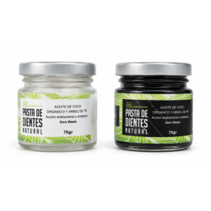 Pasta de dientes natural de 70 g con aceite de coco y árbol de té, disponible en carbón activado o manzanilla.