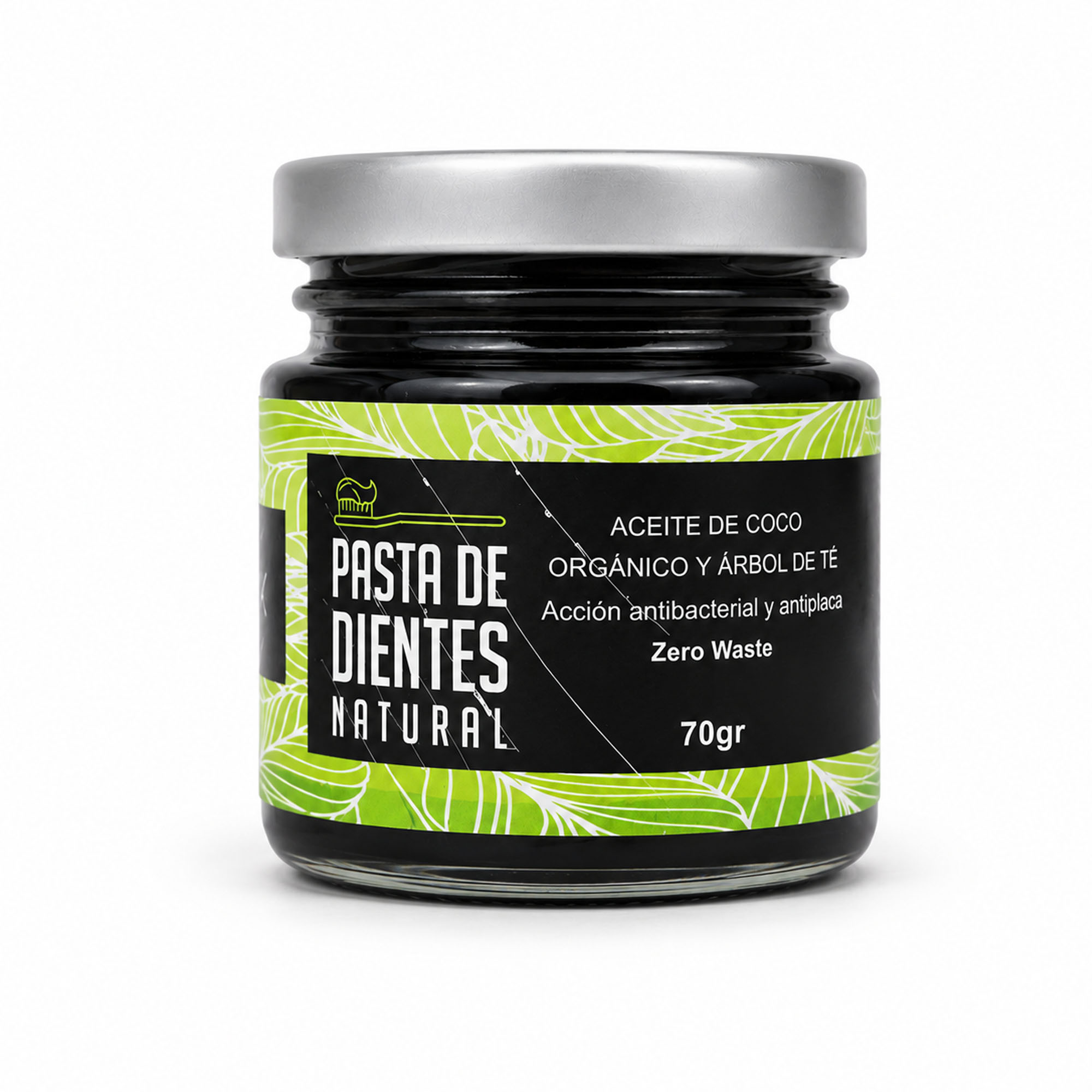 Pasta de dientes natural de carbón activado con aceite de coco y árbol de té, acción antibacterial y antiplaca.